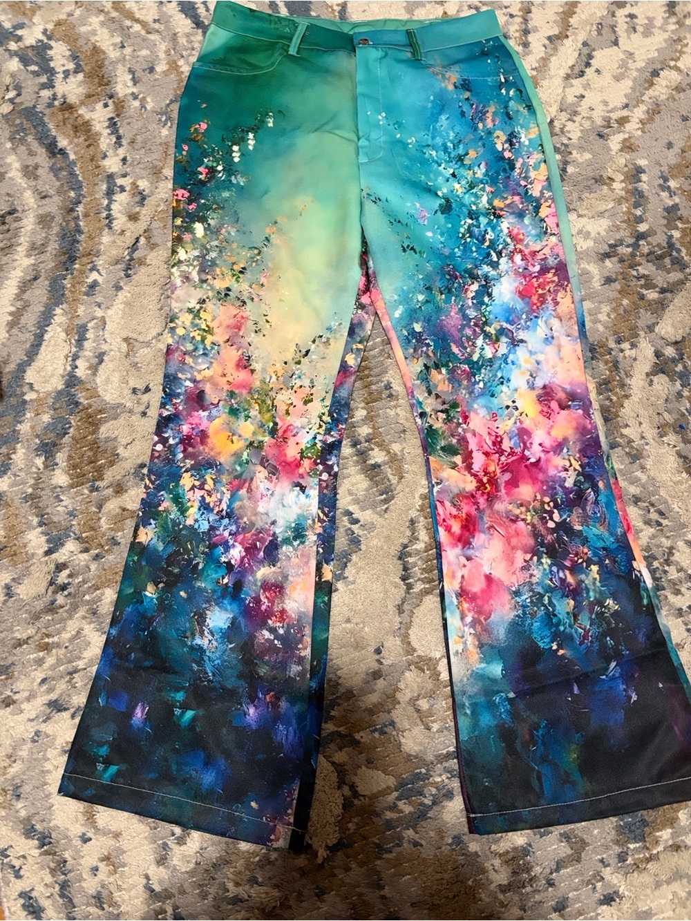 Abstract Floral Wide-Leg Jeans in Teal Multi